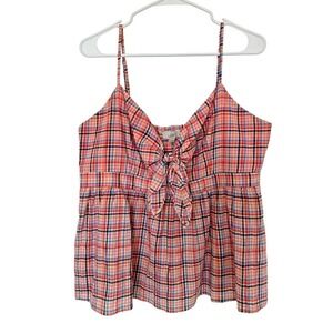 Loft Womens Babydoll Top Size L Seersucker Plaid Smocked Preppy Cottage Retro
